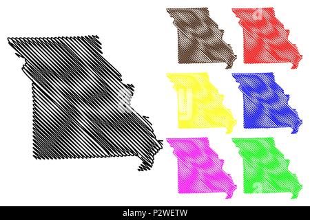 Missouri karte Vektor-illustration, kritzeln Skizze Missouri Karte Schwarz, Rot, Blau, Grün, Gelb, Violett Stock Vektor
