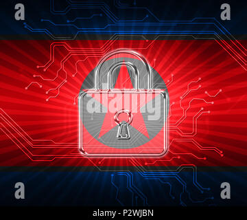 Cyber-angriffe Betrug von Nordkoreanern, 3D-Darstellung. Zeigt Bedrohung durch Nordkorea und Konfrontation oder Online Cyberkriminalität Sicherheit Verbrechen gegen die Web Stockfoto