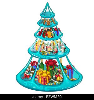 Tiered Eisschale mit Weihnachten Geschenke, Süßigkeiten und Dekorationen. Skizze für Grußkarten, festliche Poster oder Einladungen. Die Attribute von Weihnachten und das neue Jahr. Vector Illustration. Stock Vektor