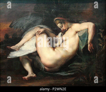 "Léda et le Cygne", huile sur Bois (H. 64,5 cm; l. 80,5 cm) Avant 1600 réalisée Par Pierre Paul Rubens (1577-1640) - Werk faisant Partie de la collection Stephen Mazoh de Dépôt au Musée des Beaux-arts de Houston (États-Unis). / Réalisée lors de l'Exposition temporaire l'Europe de Rubens - Musée du Louvre (Objektiv). 0 Leda et le Cygne-P.P. Rubens (2) Stockfoto