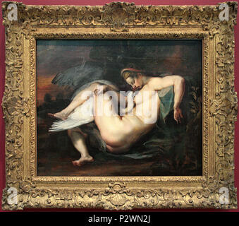 "Léda et le Cygne", huile sur Bois (H. 64,5 cm; l. 80,5 cm) Avant 1600 réalisée Par Pierre Paul Rubens (1577-1640) - Werk faisant Partie de la collection Stephen Mazoh de Dépôt au Musée des Beaux-arts de Houston (États-Unis). / Réalisée lors de l'Exposition temporaire l'Europe de Rubens - Musée du Louvre (Objektiv). 0 Leda et le Cygne - P.P. Rubens (1) Stockfoto
