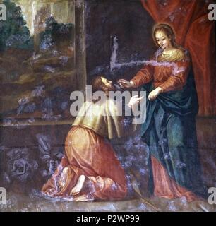 APARICION DE LA VIRGEN EINE SANTIAGO - SIGLO XVII - BARROCO ESPAÑOL. Autor: Pedro Atanasio Bocanegra (1638-1689). Lage: ABADIA DEL SACROMONTE, Granada, Spanien. Stockfoto