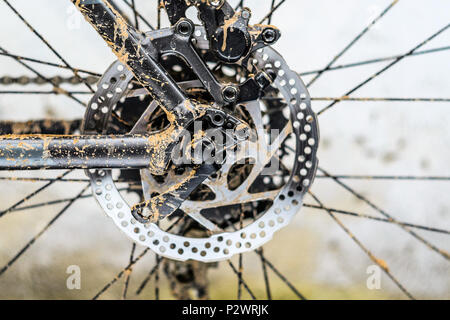 Läufer von Hinten hydraulische Bremse auf dem Mountainbike. Schmutz auf Mountainbike Rahmen nach dem Rennen bei schlechtem Wetter Stockfoto