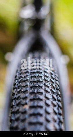 Mountainbike Sicht nach hinten. Hintere Mountainbike Rad- und Laufflächenprofil close-up. Stockfoto