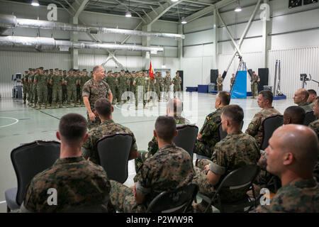 Kommandierender Offizier der 2., 8. Marine Regiment, Oberstleutnant Paul C. Teachey spricht zu den US-Marines die Teilnahme am Schwarzen Meer die Drehkraft Übertragung der Autorität Zeremonie an Bord Mihail Kogălniceanu Air Base, Rumänien am 1. August 2016. Schwarzes Meer die Drehkraft ist eine jährliche multilaterale Sicherheit Zusammenarbeit zwischen dem US Marine Corps und Partner Nationen am Schwarzen Meer, auf dem Balkan und im Kaukasus, die kollektive professionellen militärischen Kapazität der Teilnehmer zu erhöhen, die Förderung der regionalen Stabilität und der Aufbau langfristiger Beziehungen mit Partnerstaaten. (U.S. Marine Corp Stockfoto