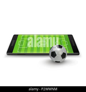 Sport Wetten online. Fußball onlite. Horizontale Handy mit Fußball Fußball und das Feld auf dem Bildschirm. Vector Illustration isoliert auf weißem Stock Vektor