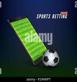 Sport Wetten online banner Konzept. App online Wetten auf Fußball. Mobiltelefon mit Fußball-Feld auf dem Bildschirm und realistik Fußball Kugel vor. Vektor i Stock Vektor