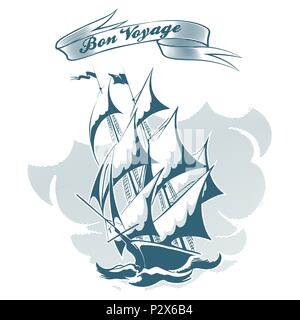 Segelschiff in Gravur Retro Stil und Band mit Bon Voyage Formulierung gezeichnet. Vector Illustration. Stock Vektor