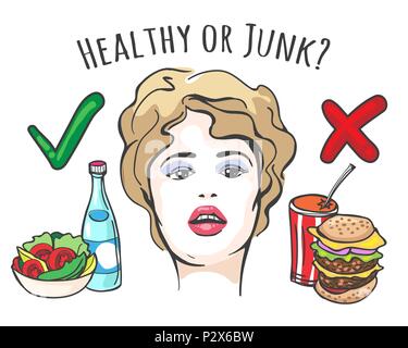 Junge Frau, Wahl zwischen gesunden und Junk Food. Ernährung und Gesundheit Konzept im Retro Style. Vector Illustration. Stock Vektor