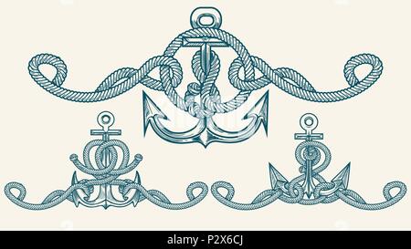 Satz von Anker mit Marine Seile im Retro Stil gezeichnet. Vector Illustration. Stock Vektor