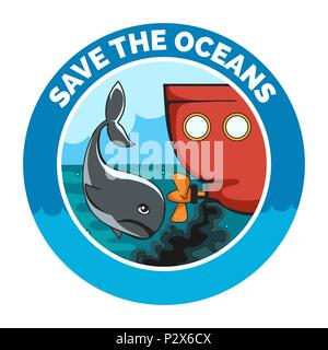 Traurig Wal- und alten Wessel mit Ölverschmutzungen. Ökologische Emblem mit Wortlaut speichern die Ozeane. Vector Illustration. Stock Vektor