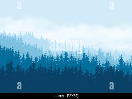 Realistische Abbildung von Nadelwald unter blauem Himmel mit Wolken-Vektor Stock Vektor