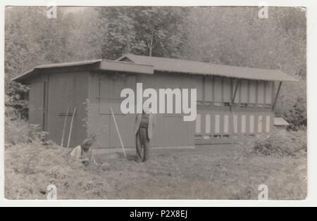 Die tschechoslowakische SOZIALISTISCHE REPUBLIK - circa 1970 s: Vintage Foto zeigt Gartenhaus und Biene Haus. Retro Schwarz/Weiß-Fotografie. Stockfoto