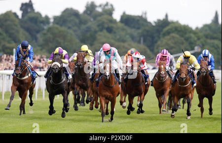 Verschlüsselte (Mitte) geritten von Josephine Gordon gewinnt die Fertiger Stiftung Catherine Memorial Sprint während der Macmillan Nächstenliebe Raceday an der Rennbahn von York. Stockfoto