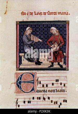 Spanish School. Cantigas de Santa Maria (Manuskript mit Musik Notationen): Klarinette Spieler ('albogues'). 13. Jahrhundert. Canticum n° 340. Madrid, San Lorenzo de El Escorial Bibliothek. Autor: Alfons X. von Kastilien, der Weise (1221-1284). Lage: MONASTERIO - BIBLIOTECA - COLECCION, SAN LORENZO DEL Escorial, Madrid, Spanien. Stockfoto