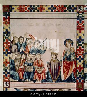 MTI 1 - CANTIGA DE SANTA MARIA Nº 170 V-A-DE LOOR - REY CON CORTEJO DE MUSICOS DANZANTES Y ANTE LA VIRGEN - SIGLO XIII. Autor: Alfons X. von Kastilien, der Weise (1221-1284). Lage: MONASTERIO - BIBLIOTECA - COLECCION, SAN LORENZO DEL Escorial, Madrid, Spanien. Stockfoto