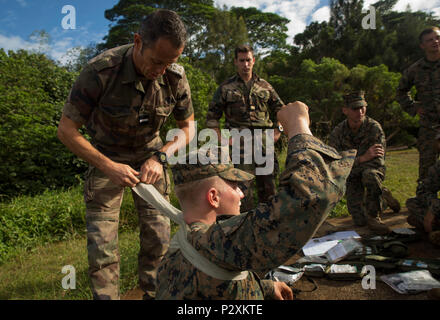 Französische Armee WO2 Florent Pourtier, einem medizinischen Assistenten mit 3 Infanterie Regiment, zeigt, wie Bandage um den Hals gewickelt, die während der Übung AmeriCal 16 am Lager Broche, Neukaledonien, 8. August 2016 gelten. AmeriCal ist ein bilaterales Training konzipiert, Interoperabilität, gegenseitige Bekämpfung Fähigkeiten zu verbessern und die Beziehungen mit unseren Partnern zu verbessern. (U.S. Marine Corps Foto von Cpl. Carlos Cruz jr./Freigegeben) Stockfoto