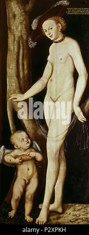 "Venus und Amor mit einer Bienenwabe', C. 1531, Öl auf Leinwand, 169 x 67 cm. Autor: Lucas Cranach der Ältere (1472-1553). Ort: Galeria Borghese, Rom, Italien. Stockfoto