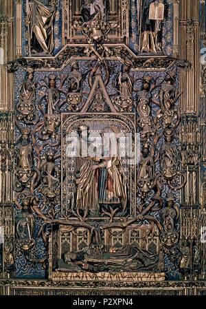 RETABLO DE LA CAPILLA DE LA CONCEPCION Y SANTA ANA - ABRAZO DE SAN JOAQUIN Y SANTA ANA - 1492 - GOTICO TARDIO. Autor: Gil de Siloé (C. 1440-1501). Lage: CATEDRAL - INTERIEUR, Burgos, Spanien. Stockfoto