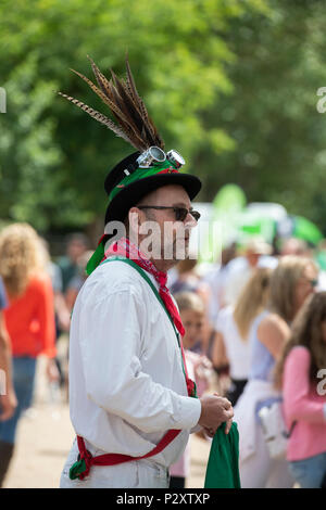 Charlbury Morris Dancers bei Daylesford Organic Farm Sommer Festival. Daylesford, Cotswolds, Gloucestershire, England. Stockfoto