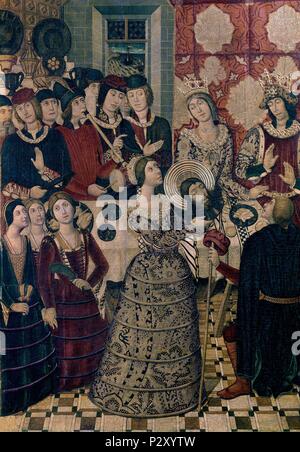 FESTIN DE HERODES O SALOME CON LA CABEZA DE BAUTISTA - SIGLO XV-RETABLO DE LA IGLESIA DE SAN JUAN del Mercat de Mallorca. Autor: Pedro García de Benavarre (d. 1485). Lage: Museu Nacional d'Art de Catalunya, Barcelona, Spanien. Stockfoto