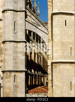 Leon, Kastilien und Leon, Spanien. Saint Mary's Kathedrale. 13./14. Jahrhundert. Im gotischen Stil. Das Design ist atributed zum Master Enrique. Architektonisches detail. Flying buttres. Stockfoto