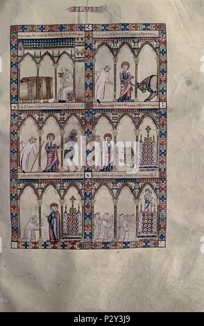 "Der Teufel, der in der Form von drei Bestien", MTI 1 erschienen, die Cantigas de Santa Maria, Nummer 47, F 70 R, 13. Autor: Alfons X. von Kastilien, der Weise (1221-1284). Lage: MONASTERIO - BIBLIOTECA - COLECCION, SAN LORENZO DEL Escorial, Madrid, Spanien. Stockfoto