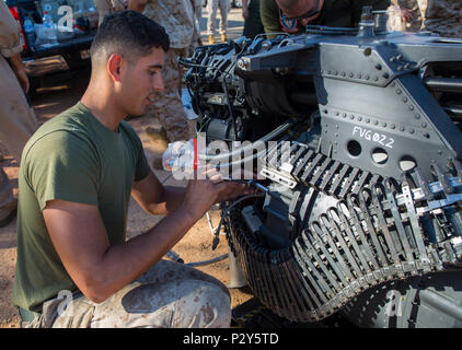 Us Marine Corps Lance Cpl. Roderick Vorhees, eine Aviation ordnance Techniker mit Marine Fighter Attack Squadron (Vmfa) 122, führt die Instandhaltung auf eine M61 A2 20 mm Vulcan Cannon während der Übung Pitch Black 2016 bei der Royal Australian Air Force Base Tindal, Australien, Nov. 5, 2016. Die leichte Pistole ist nur in F/A-18 und die Sechs rotierende Barrel barrel Erosion und die Wärmeentwicklung zu minimieren, um eine lange Waffe Leben beitragen. Schießen 6000 Schuss pro Minute, die Waffe wird eine Kanone ersetzen. In einer der Staffel F/A-18C Hornet und wird für Bodenziele bei Pitch Black verwendet werden. Die e Stockfoto