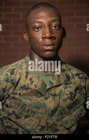 Pvt. Stephen Falayi, Platoon 1061, Alpha Company, 1 Recruit Training Bataillon, erwarb die amerikanische Staatsbürgerschaft 12.08.11, 2016, auf Parris Island, S.C. Vor verdienen Staatsbürgerschaft, die Bewerber müssen Kenntnisse der englischen Sprache und der amerikanischen Regierung, zeigen gute moralische Charakter und den Treueid auf die US-Verfassung. Falayi, aus New York, ursprünglich aus Nigeria, ist Absolvent 12.08.2016 geplant. (Foto von Sgt. Jennifer Schubert) Stockfoto