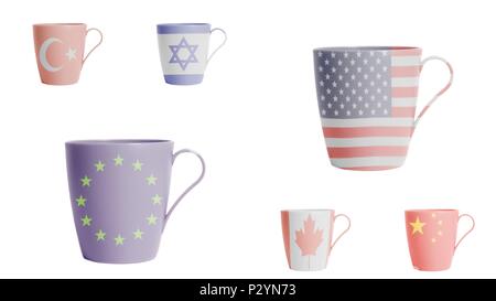 Cups mit USA, Kanada, der Europäischen Union, der Türkei, Israel, China Flags Stockfoto