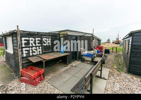 Verkauf von frischem Fisch in der Hastings Net Geschäfte, Fisherman schwarze Holzhütten am Hastings, Hastings, East Sussex, England, Großbritannien Stockfoto