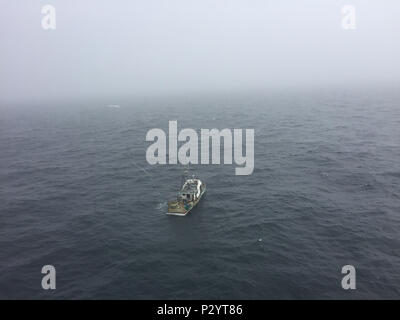 Der Küstenwache aircrew an Bord einer MH-65 Dolphin Hubschrauber, von Sektor North Bend, führt ein Überflug der Untergang des Schiffes McCalis, 8 km westlich von Cape Blanco, Erz, Aug 14, 2016. Drei Fischer verlassen das Schiff auf eine Rettungsinsel und wurden gerettet durch ein 47-Fuß-Motor Rettungsboot Crew von Suche und Rettung Loslösung Coquille River. U.S. Coast Guard Foto mit freundlicher Genehmigung von Sektor North Bend. Stockfoto