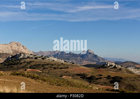 Ein Blick auf Ackerland in der Sierra de las Cabras in der Nähe von Antequera, Malaga, Andalusien, Spanien. Stockfoto