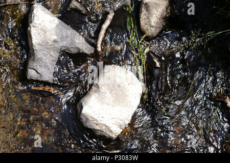 Die Ansicht von oben und Oberfläche für einen Bach mit schweren Steine im Fluss. Stockfoto