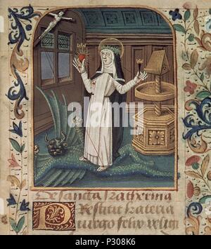 MANUSCRITO - LA OFRENDA DEL CORAZON - STA CATALINA DE SIENA S XIV. Ort: ZENTRALBIBLIOTHEK, Frankreich. Stockfoto