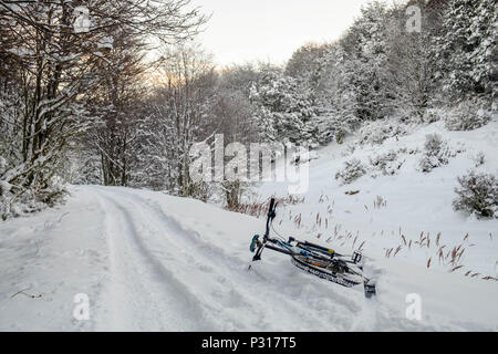 Es ist sehr schwierig, Mountainbike, wenn Schnee auf dem "Caminito de los Presos" in Ushuaia fällt. Ein schöner Teppich aus Schnee macht Reiten hart. Stockfoto