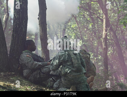 Zwei Soldaten der US-Army Reserve Ansturm auf die Hilfe eines "verletzten" Soldat ist, eine simulierte Mörtel aus in einem komplexen Angriff geht während des Kampfes Support Training CSTX 86-16-03 (86-16-03) auf Fort McCoy, Wis., 22.08.2016. Fast 9.000 Service Mitglieder aus dem ganzen Land beteiligen sich an CSTX 86-16-03 von der 86th Abteilung Weiterbildung und die dritte und letzte der 84 Ausbildung Befehl CSTX des Jahres gehostet werden. (U.S. Armee finden Foto von Sgt. 1. Klasse Clinton Holz). Stockfoto