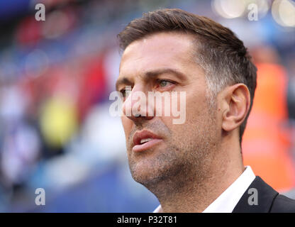 Samara, Russland. 17 Juni, 2018. Serbiens Trainer Mladen Krstajic wird vor einer Gruppe E Übereinstimmung zwischen Costa Rica und Serbien bei der FIFA Fußball-Weltmeisterschaft 2018 in Samara, Russland, 17. Juni 2018 gesehen. Credit: Fei Maohua/Xinhua/Alamy leben Nachrichten Stockfoto