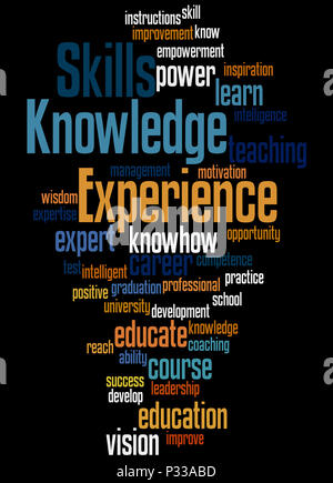 Wissen, Fähigkeiten, Erfahrung, Word cloud Konzept auf schwarzem Hintergrund. Stockfoto