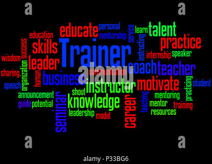 Trainer, Word cloud Konzept auf schwarzem Hintergrund. Stockfoto