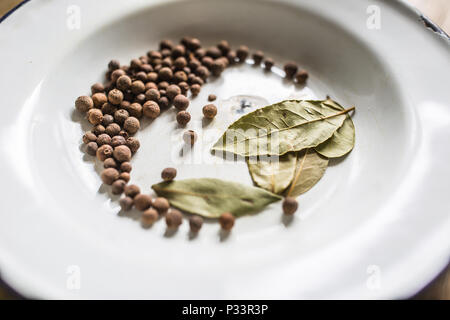 Lorbeerblatt und neue Spice an der Platte. Stockfoto