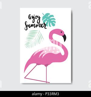 Genießen Sie den Sommer auf flamingo Abzeichen isoliert typografische Gestaltung Label. Jahreszeit Urlaub Schriftzug für Logo, Vorlagen, Einladungen, Grußkarten, Drucke und Poster. Stock Vektor