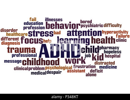 Adhs - Aufmerksamkeitsdefizit-/Hyperaktivitätsstörung, Word cloud Konzept auf weißem Hintergrund. Stockfoto