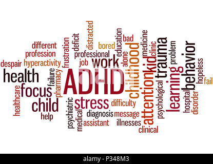 Adhs - Aufmerksamkeitsdefizit-/Hyperaktivitätsstörung, Word cloud Konzept auf weißem Hintergrund. Stockfoto