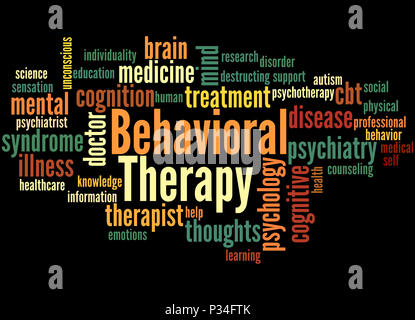 Verhaltenstherapie, Word cloud Konzept auf schwarzem Hintergrund. Stockfoto