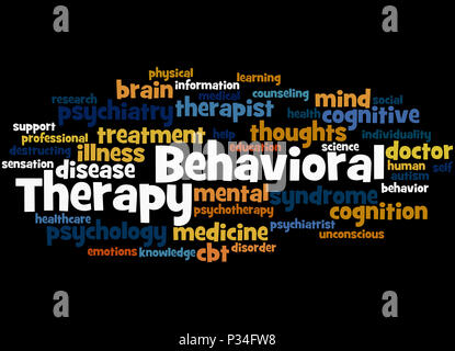 Verhaltenstherapie, Word cloud Konzept auf schwarzem Hintergrund. Stockfoto
