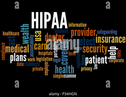 HIPAA, Word cloud Konzept auf schwarzem Hintergrund. Stockfoto