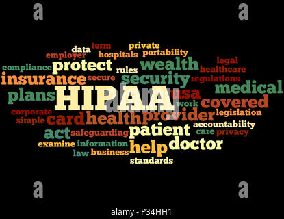 HIPAA, Word cloud Konzept auf schwarzem Hintergrund. Stockfoto