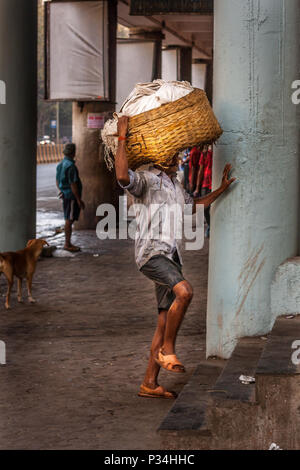 MUMBAI, INDIEN - Januar 29, 2017: unbekannter Mann carryng Gewicht auf seinem Kopf - ein Eimer voller frischer Fisch Stockfoto