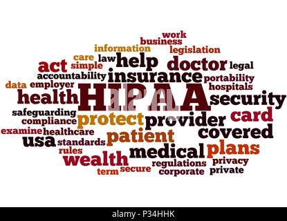 HIPAA, Word cloud Konzept auf weißem Hintergrund. Stockfoto